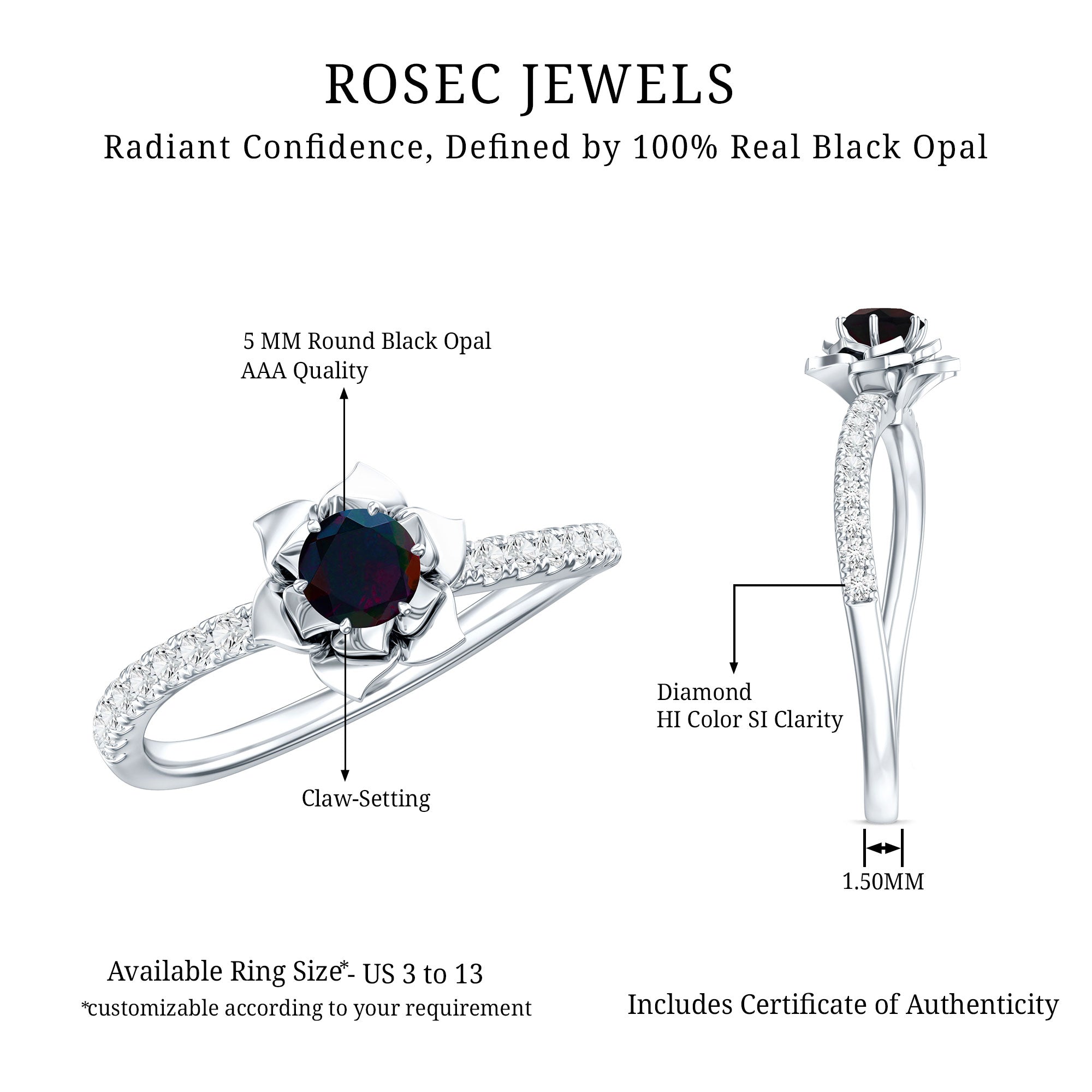 Real Black Opal and Diamond Flower Engagement Ring