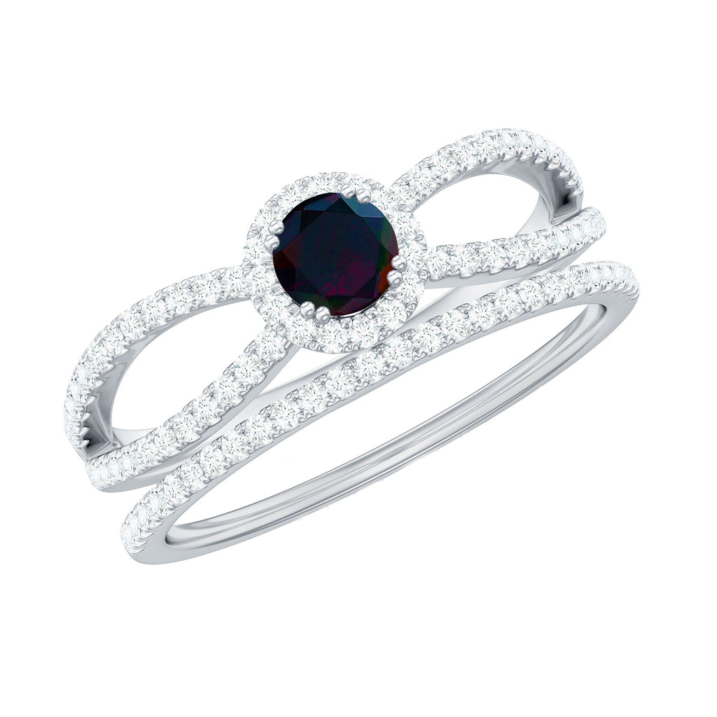 Certified Round Black Opal Wedding Ring Set with Moissanite