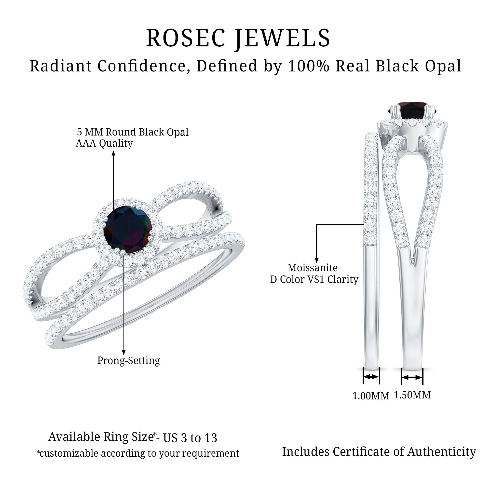 Certified Round Black Opal Wedding Ring Set with Moissanite