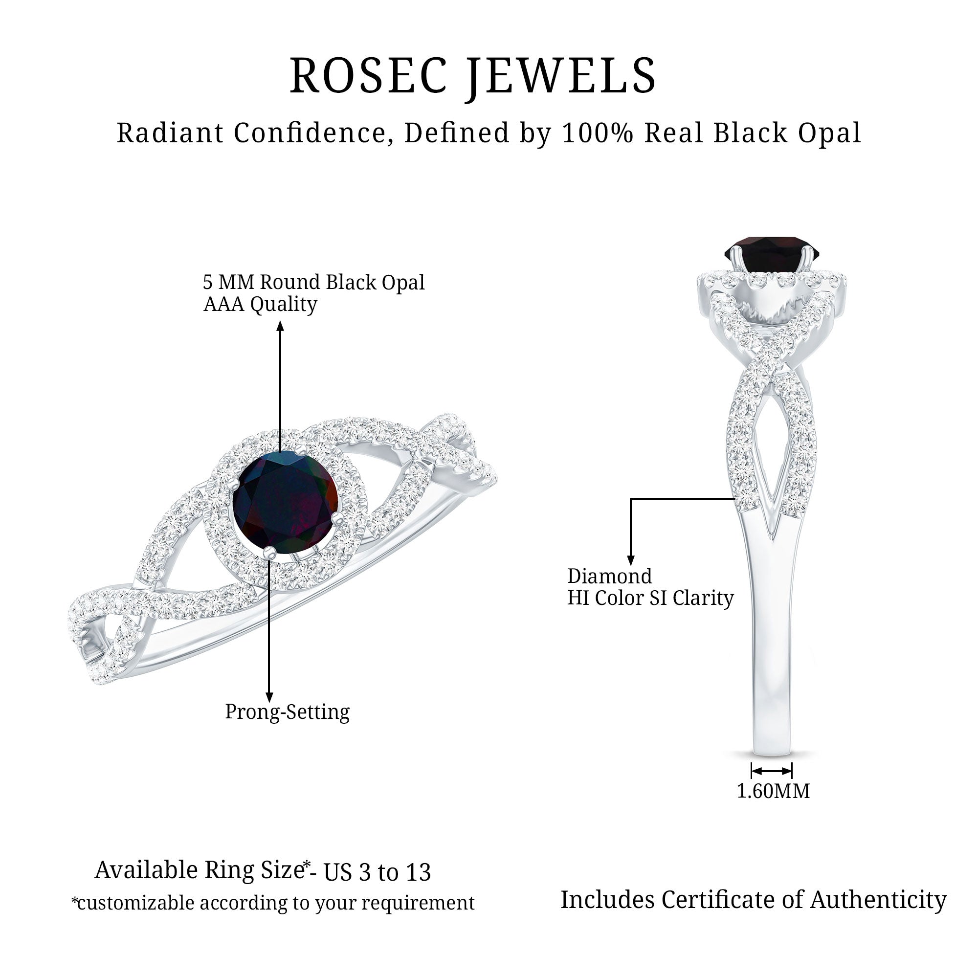 Natural Black Opal and Diamond Halo Engagement Ring