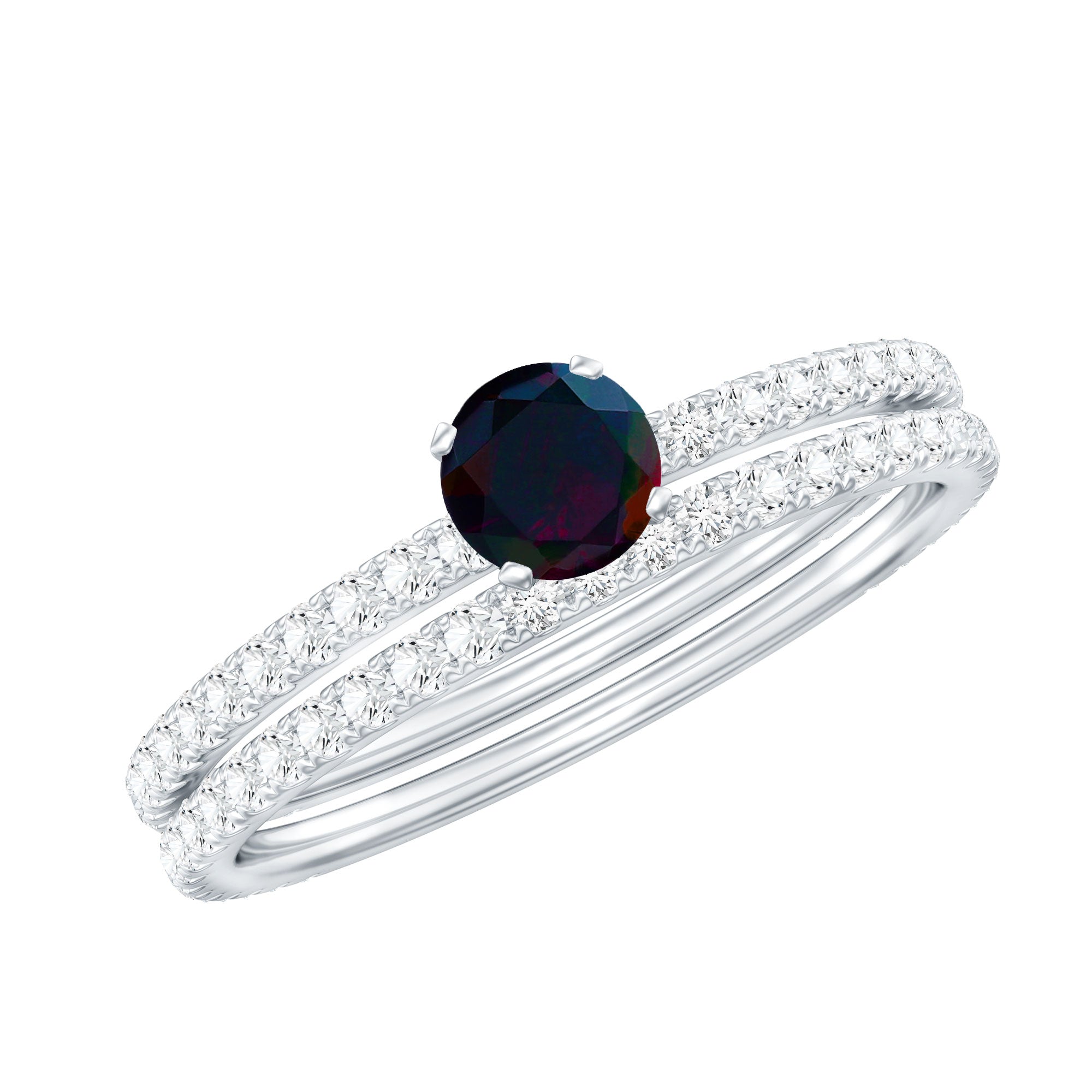 0.4 Carat Minimal Wedding Ring Set with Black Opal and Diamond