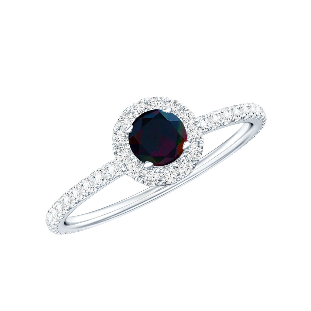 Genuine Black Opal Minimal Promise Ring with Diamond Halo