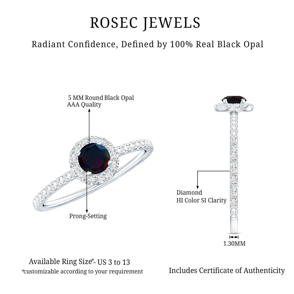 Genuine Black Opal Minimal Promise Ring with Diamond Halo
