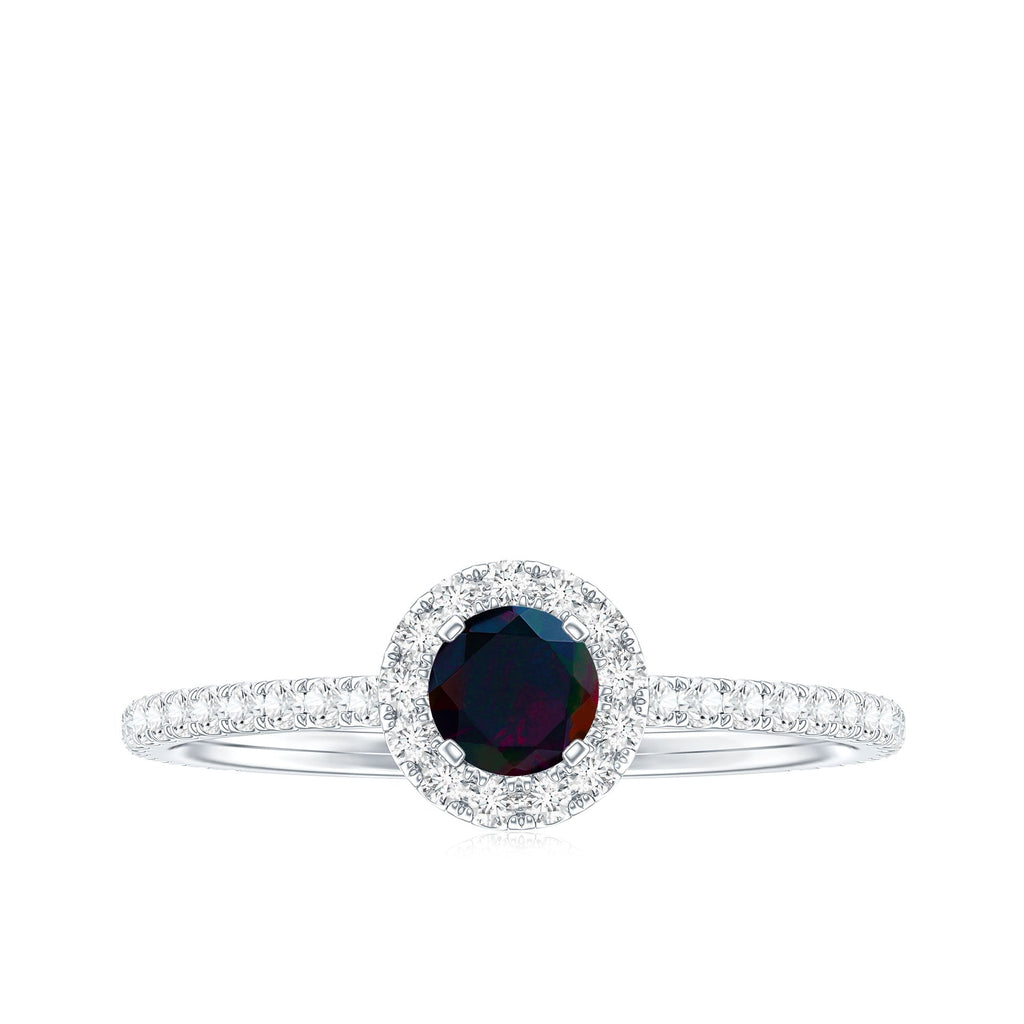 Genuine Black Opal Minimal Promise Ring with Diamond Halo