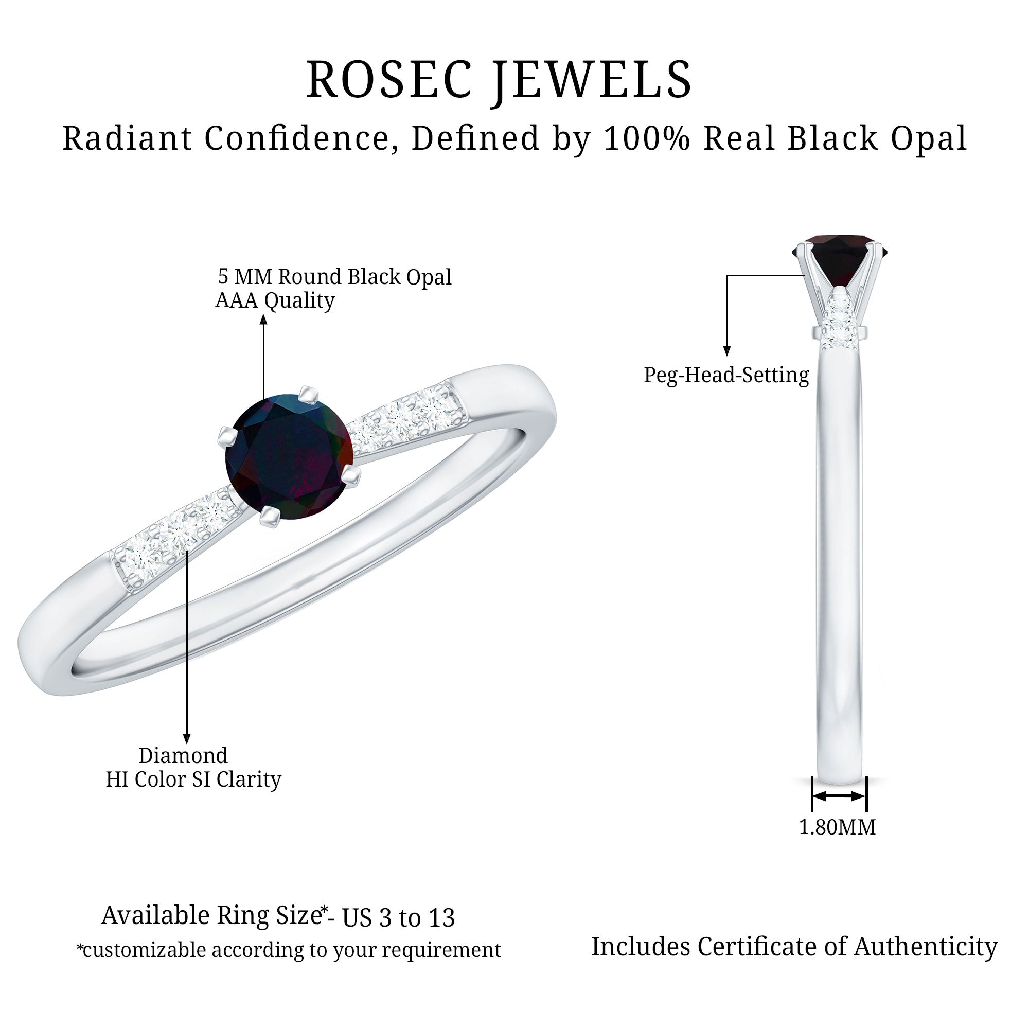 Black Opal Promise Ring with Diamond Side Stones
