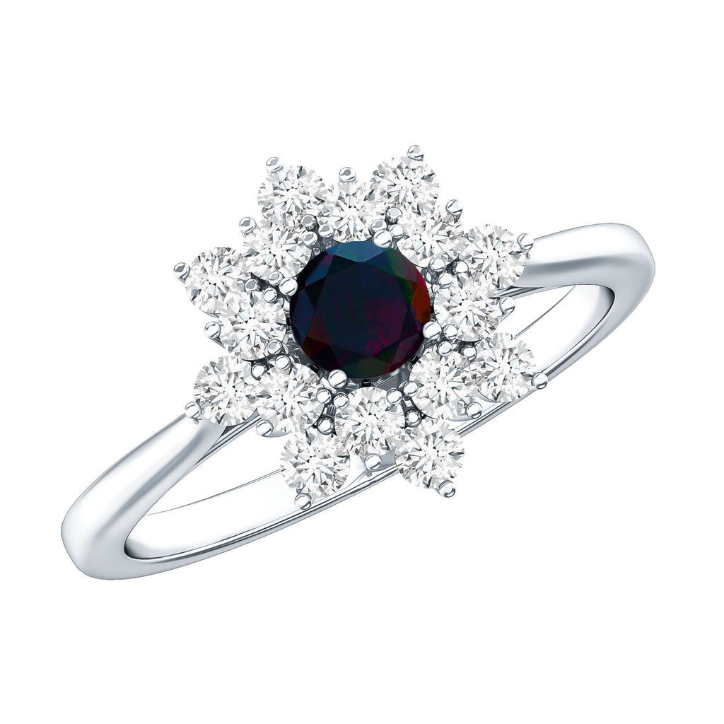 Black Opal and Diamond Flower Cluster Engagement Ring