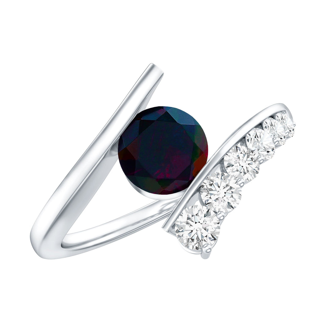 Round Black Opal Solitaire Bypass Ring with Diamond
