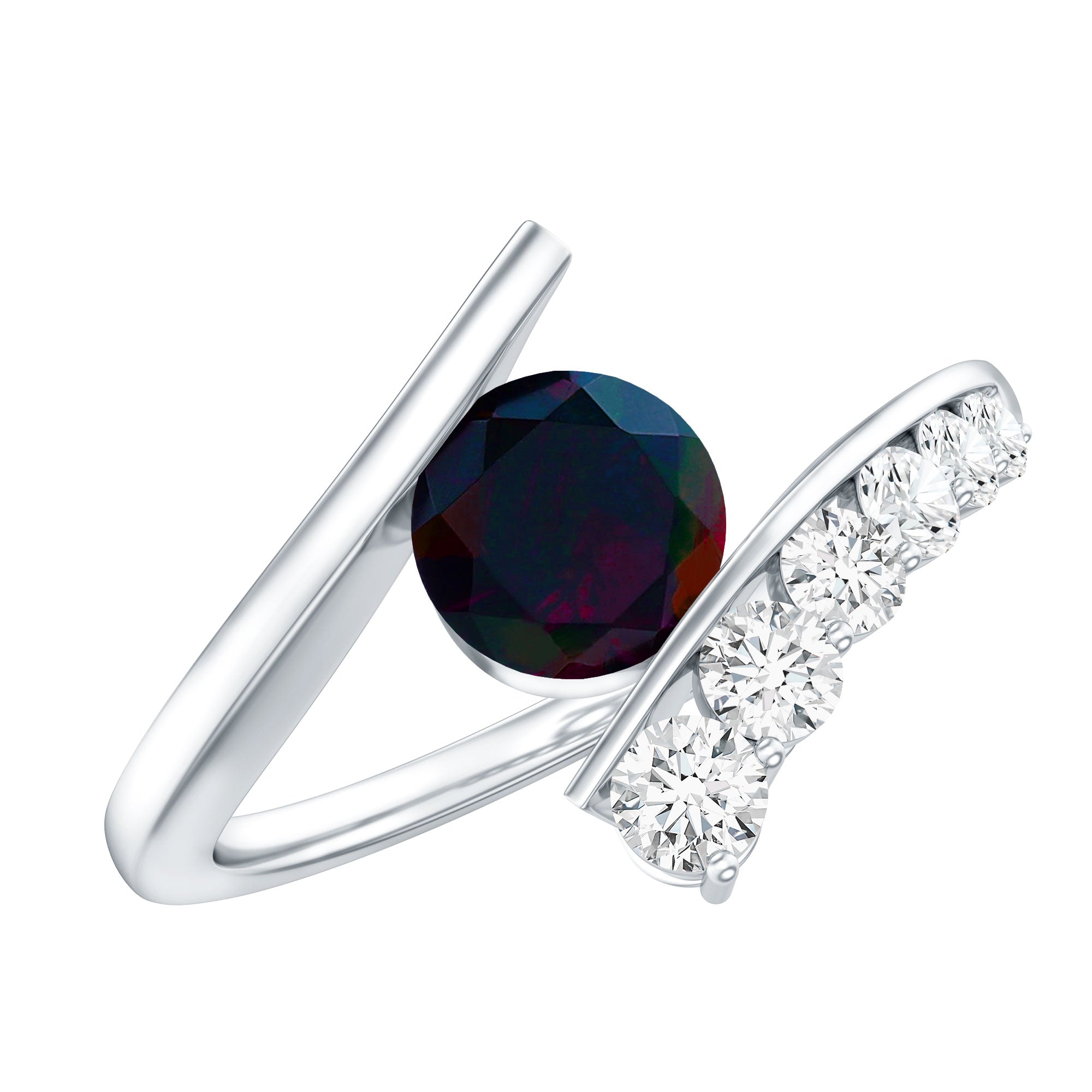 Round Black Opal Solitaire Bypass Ring with Diamond