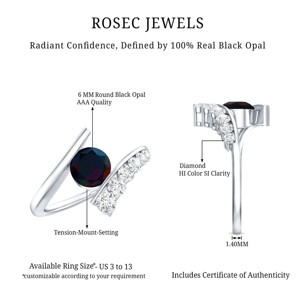 Round Black Opal Solitaire Bypass Ring with Diamond