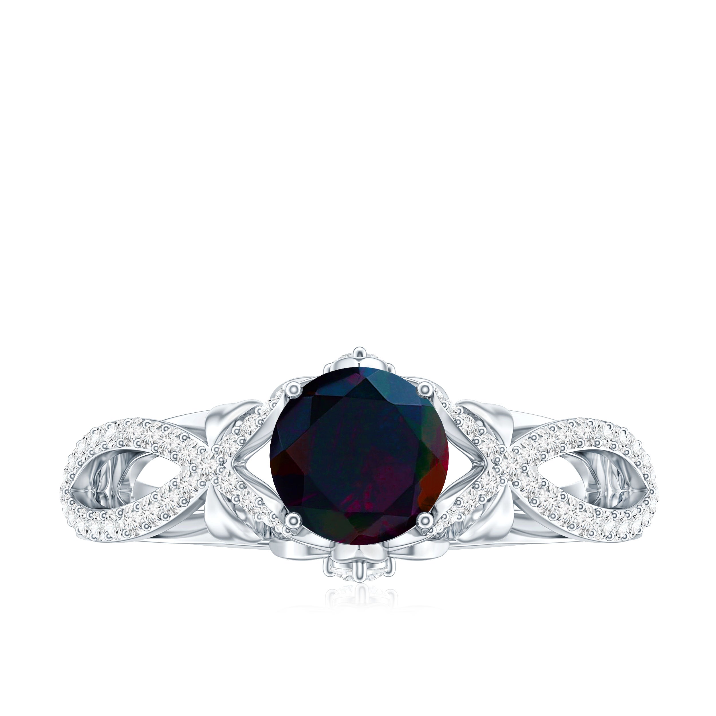 Natural Black Opal Crossover Engagement Ring with Diamond