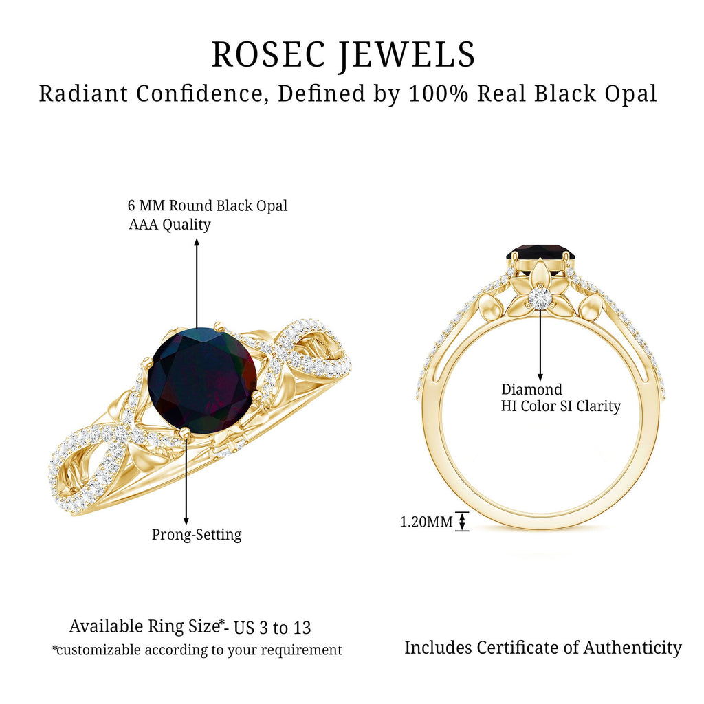 Natural Black Opal Crossover Engagement Ring with Diamond