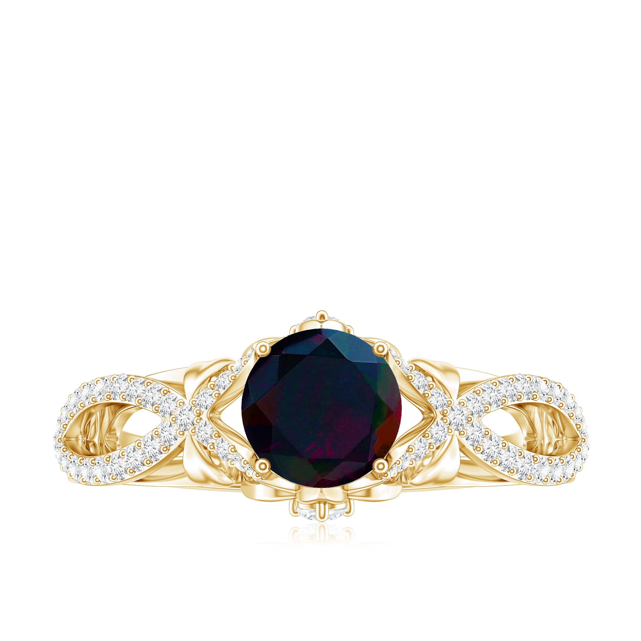 Natural Black Opal Crossover Engagement Ring with Diamond