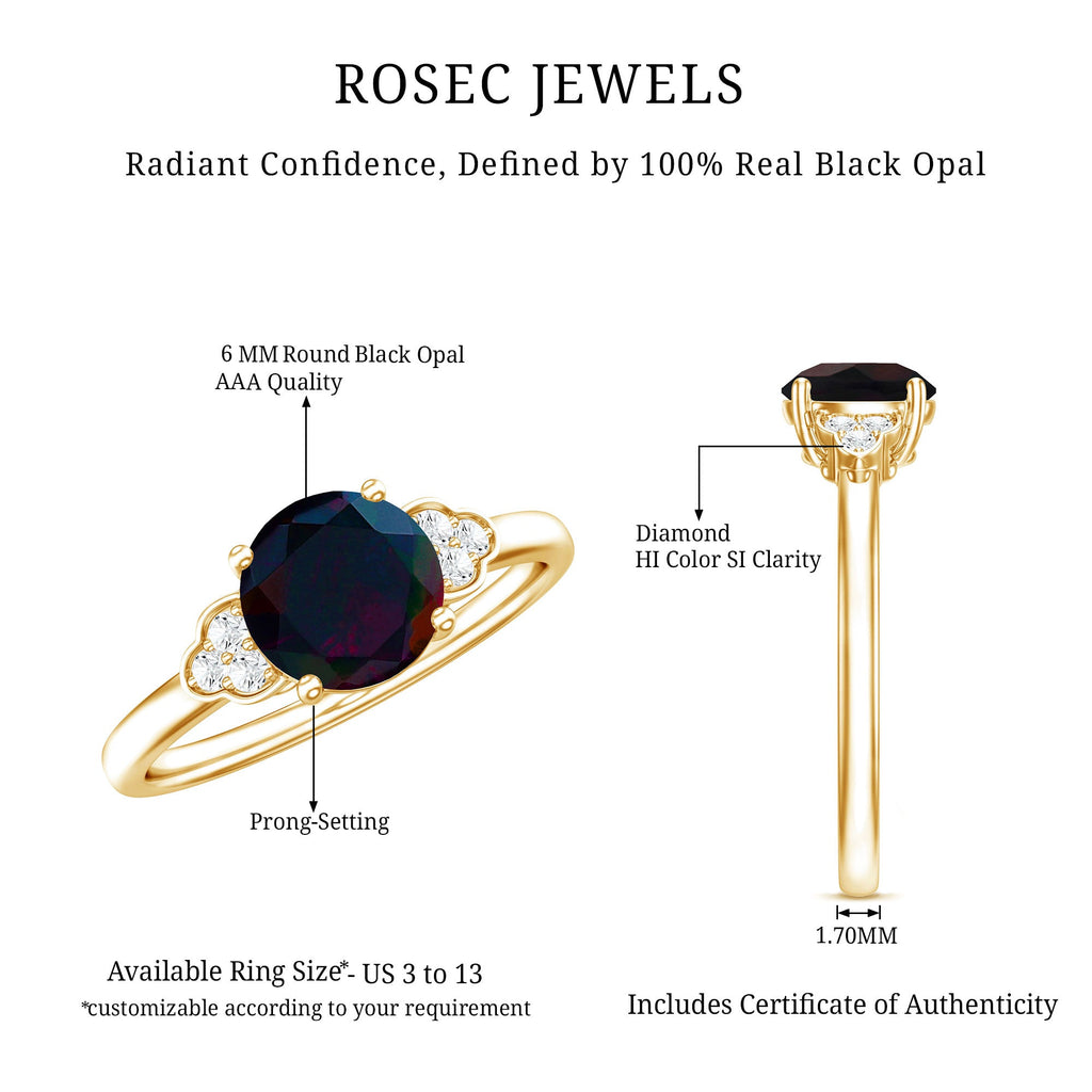 Real Black Opal Round Engagement Ring with Diamond Trio