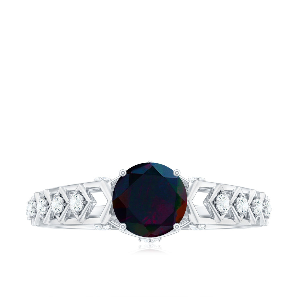 0.8 Carat Round Black Opal Solitaire Art Deco Ring with Diamond
