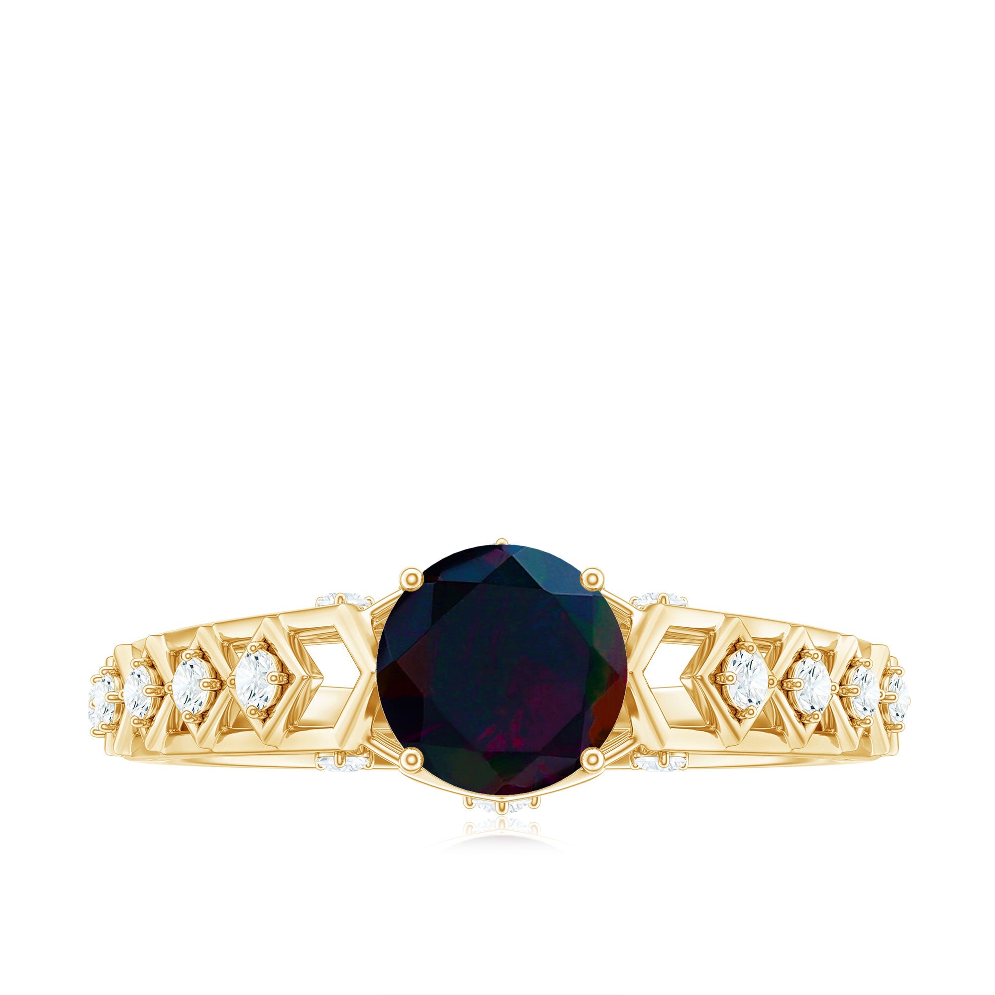 0.8 Carat Round Black Opal Solitaire Art Deco Ring with Diamond