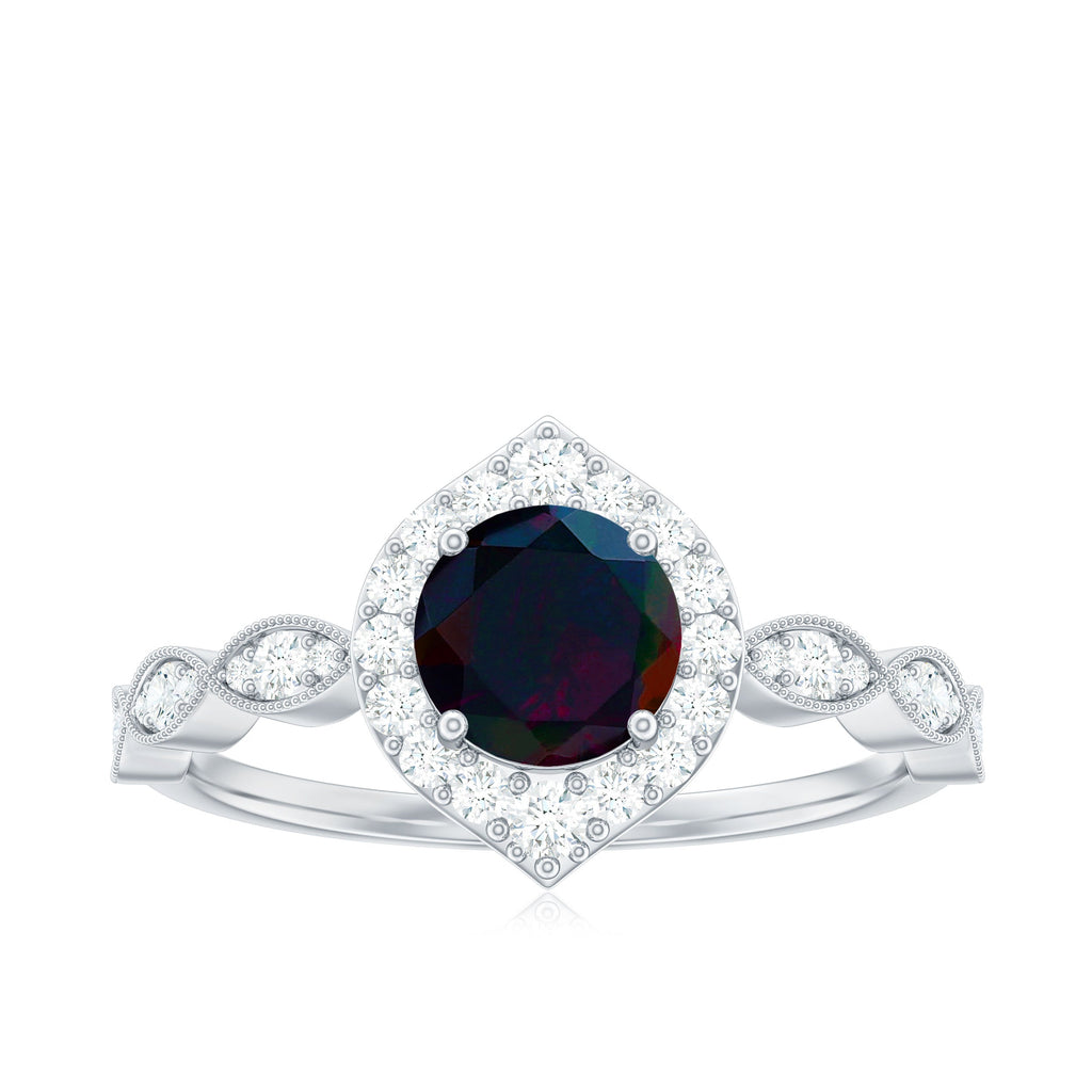 0.8 Carat Black Opal Vintage Engagement Ring with Diamond Accent