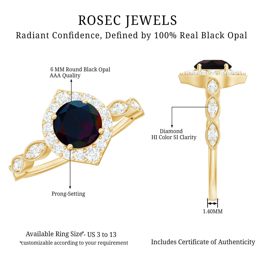 0.8 Carat Black Opal Vintage Engagement Ring with Diamond Accent