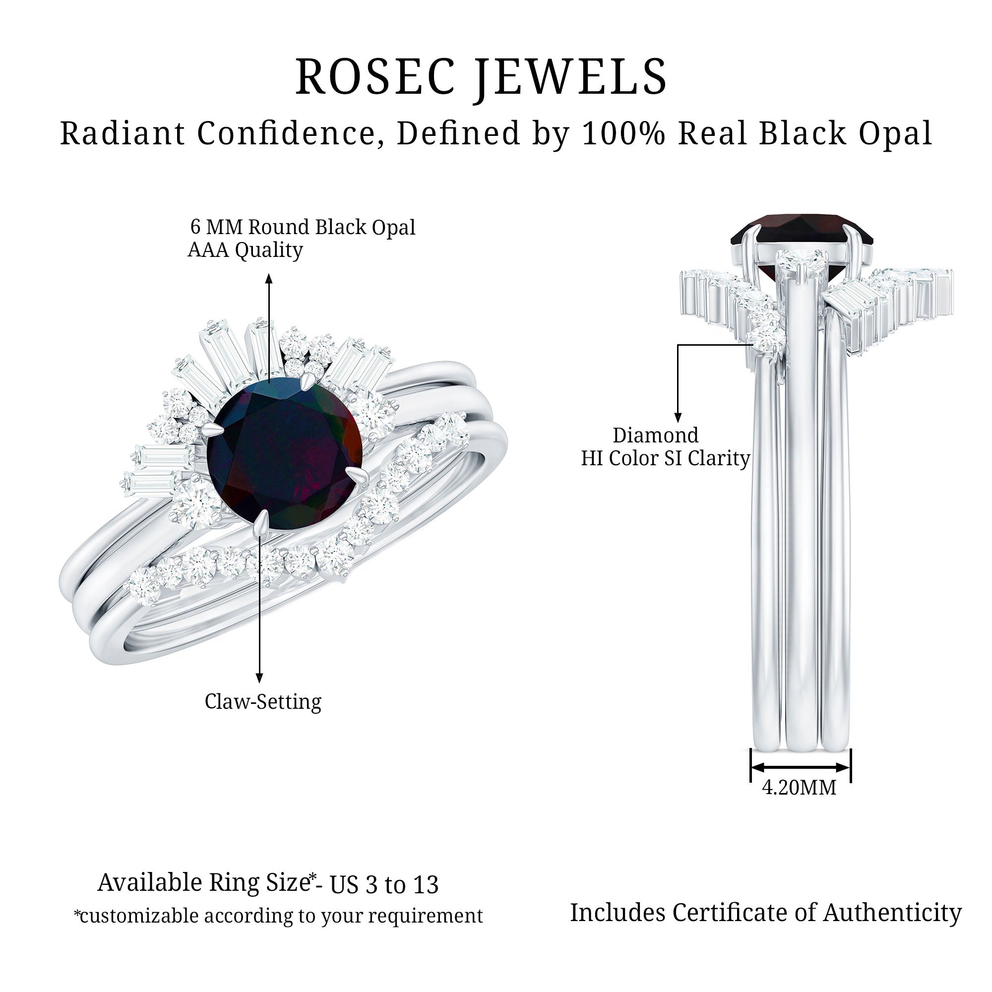 Black Opal Designer Trio Wedding Ring Set with Diamond