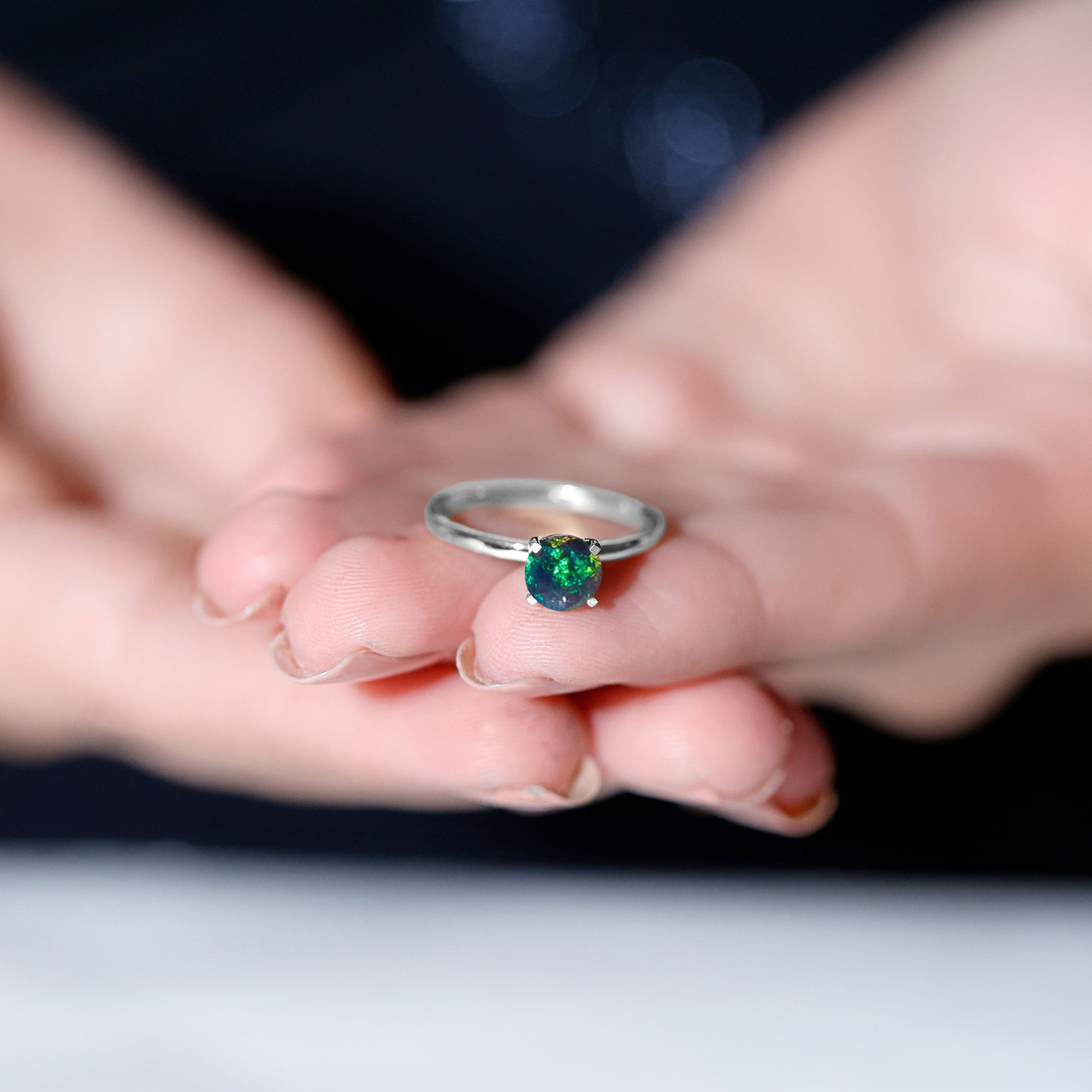 Genuine Black Opal Solitaire Ring for Women