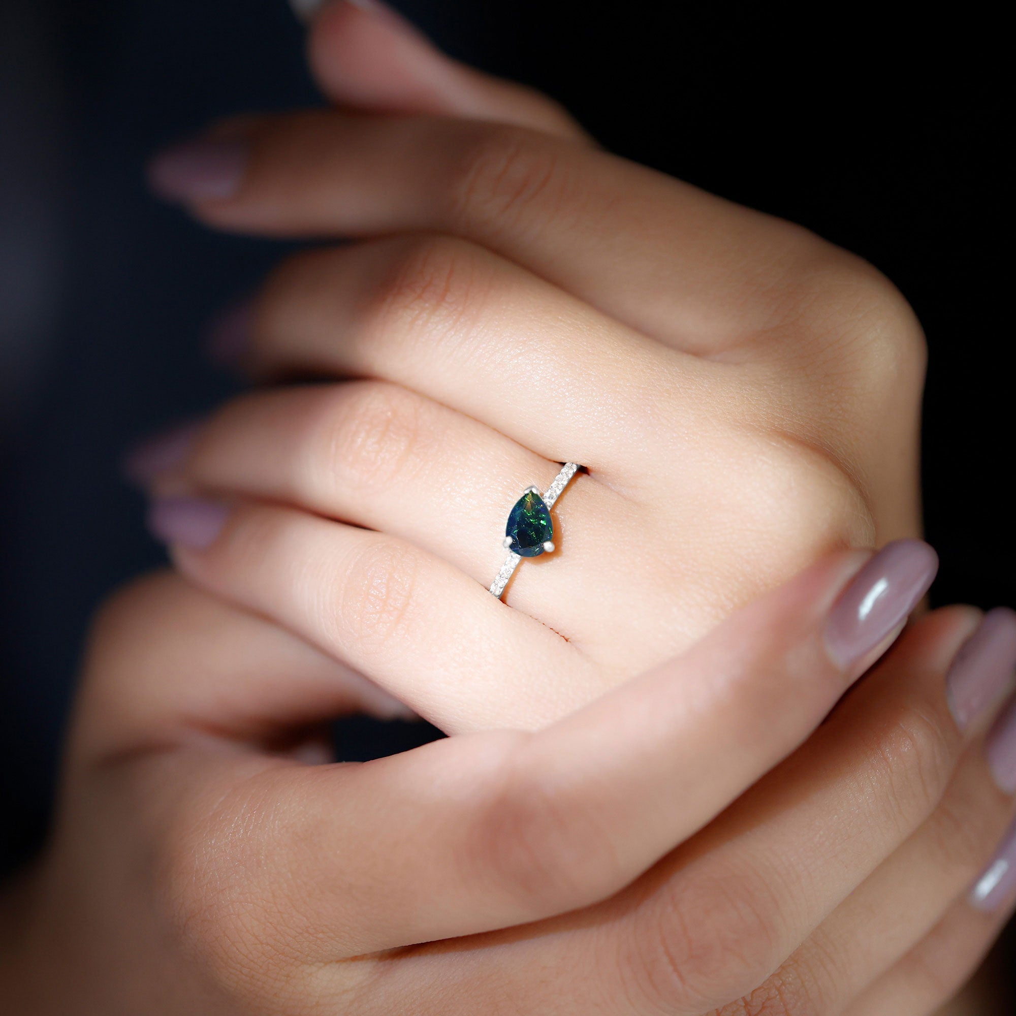 Pear Shape Black Opal Promise Ring with Diamond Side Stones