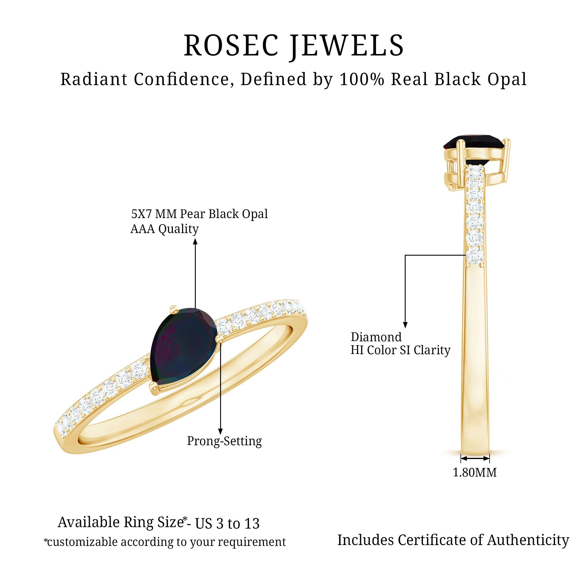Pear Shape Black Opal Promise Ring with Diamond Side Stones