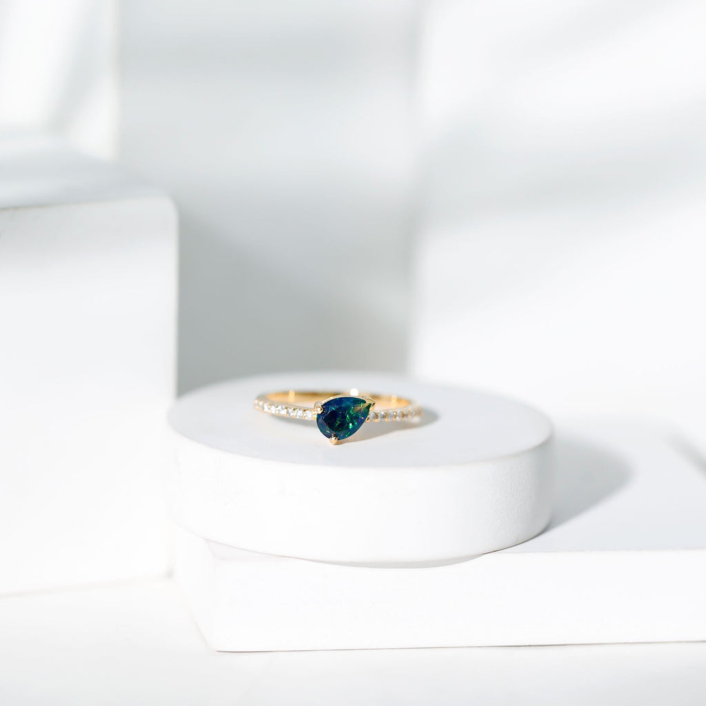 Pear Shape Black Opal Promise Ring with Diamond Side Stones