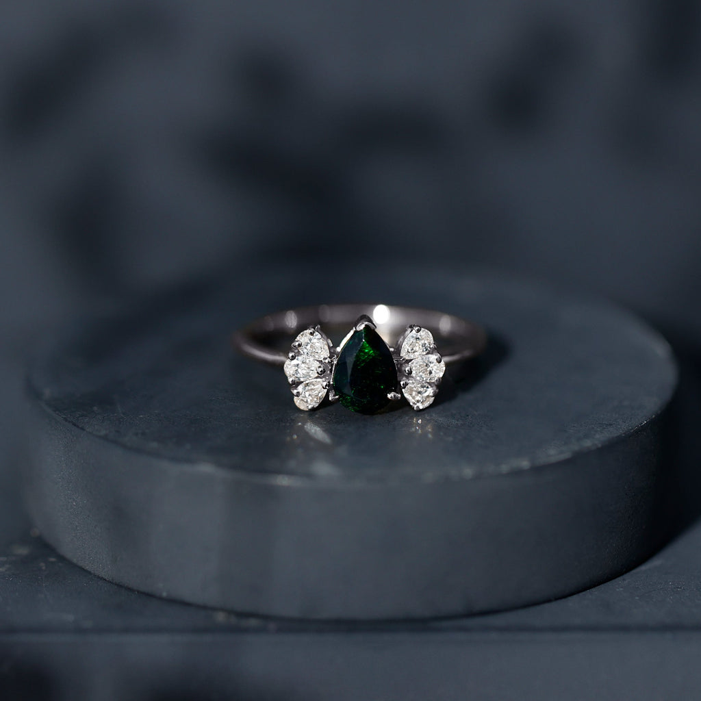 Pear Cut Black Opal Solitaire Engagement Ring with Diamond Trio