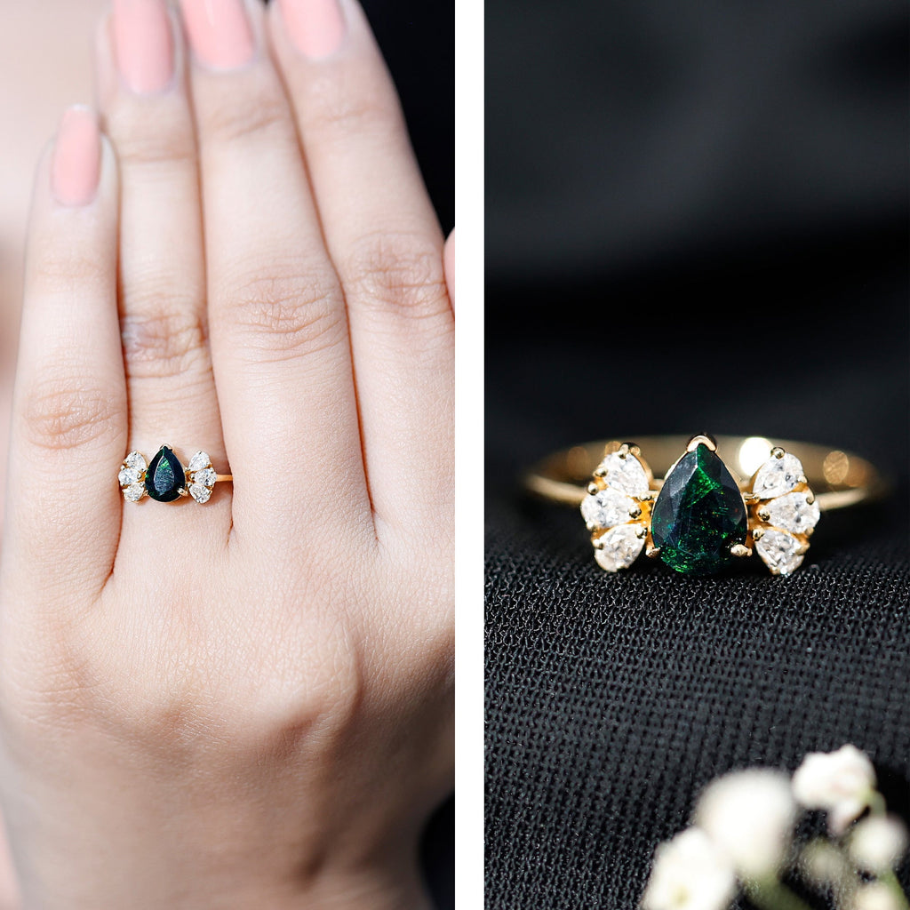 Pear Cut Black Opal Solitaire Engagement Ring with Diamond Trio