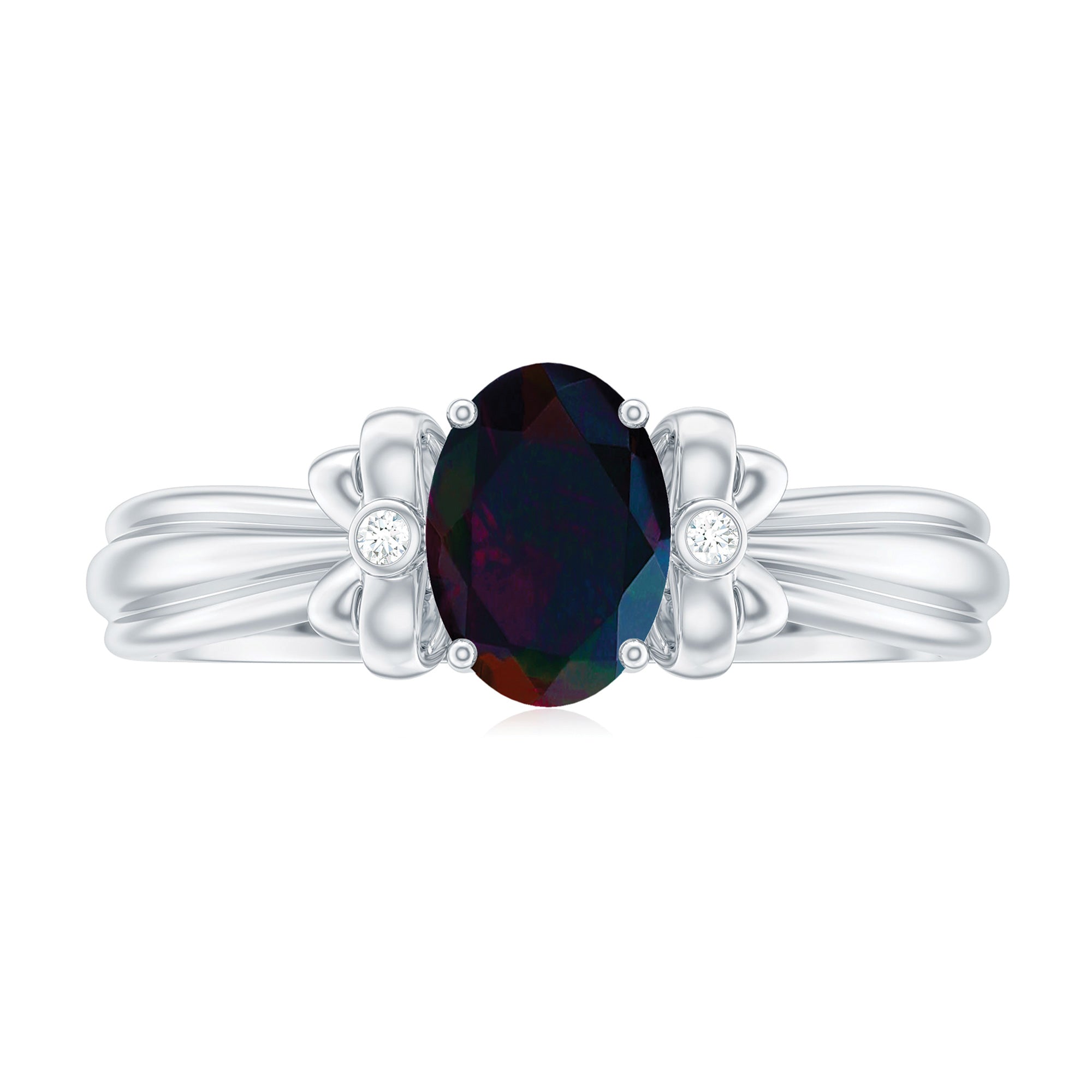 0.9 Carat Oval Cut Black Opal Solitaire Engagement Ring with Diamond