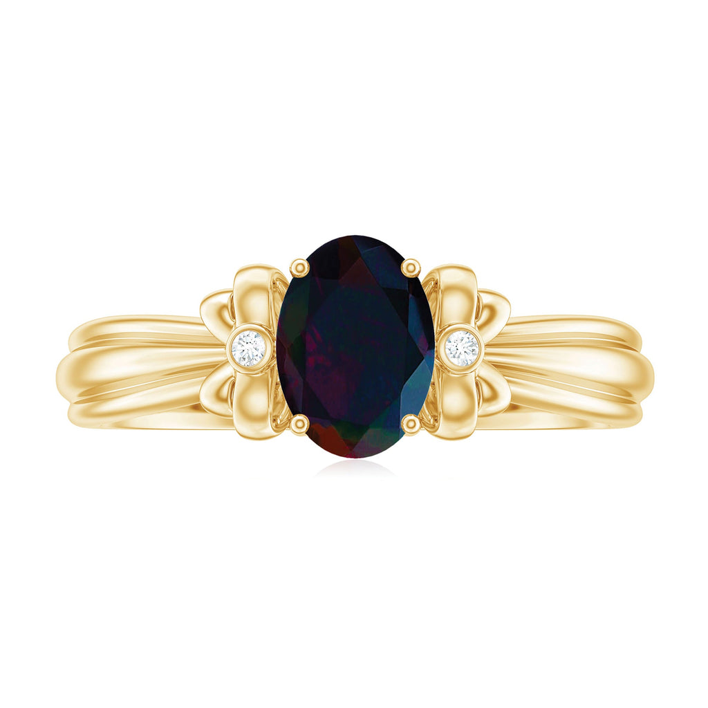 0.9 Carat Oval Cut Black Opal Solitaire Engagement Ring with Diamond