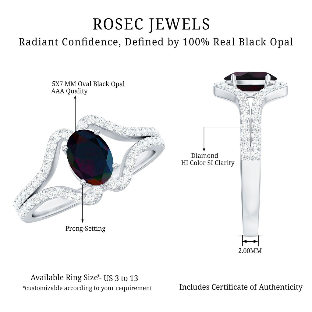 Oval Cut Black Opal and Diamond Split Shank Engagement Ring