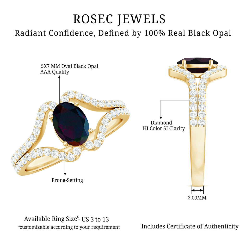 Oval Cut Black Opal and Diamond Split Shank Engagement Ring