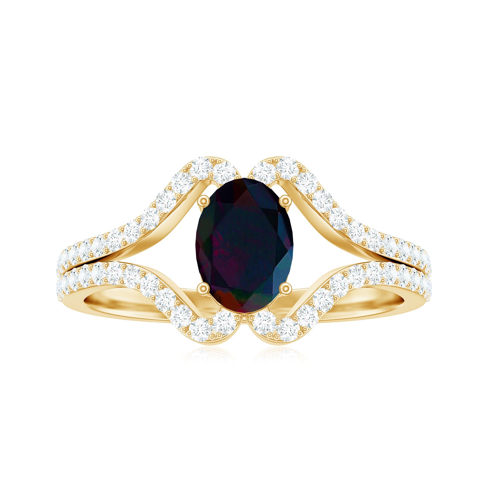 Oval Cut Black Opal and Diamond Split Shank Engagement Ring