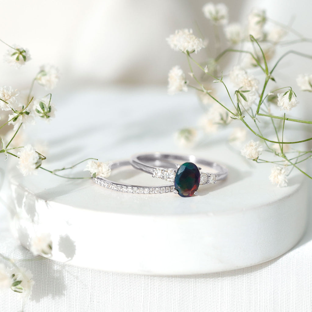 0.9 Carat Black Opal and Diamond Oval Wedding Ring Set