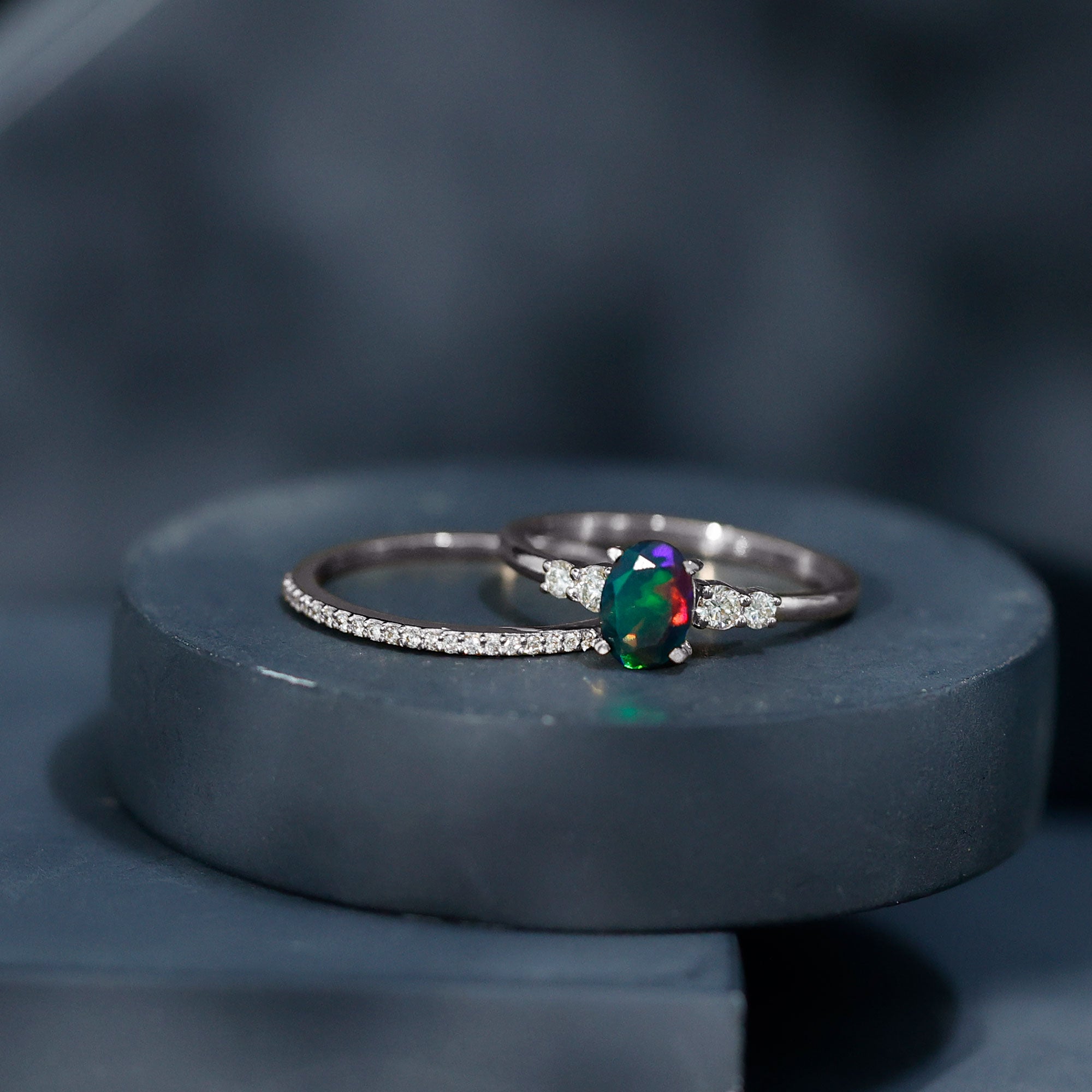 0.9 Carat Black Opal and Diamond Oval Wedding Ring Set