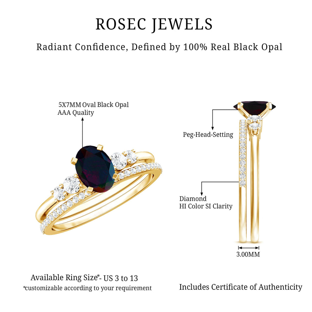 0.9 Carat Black Opal and Diamond Oval Wedding Ring Set