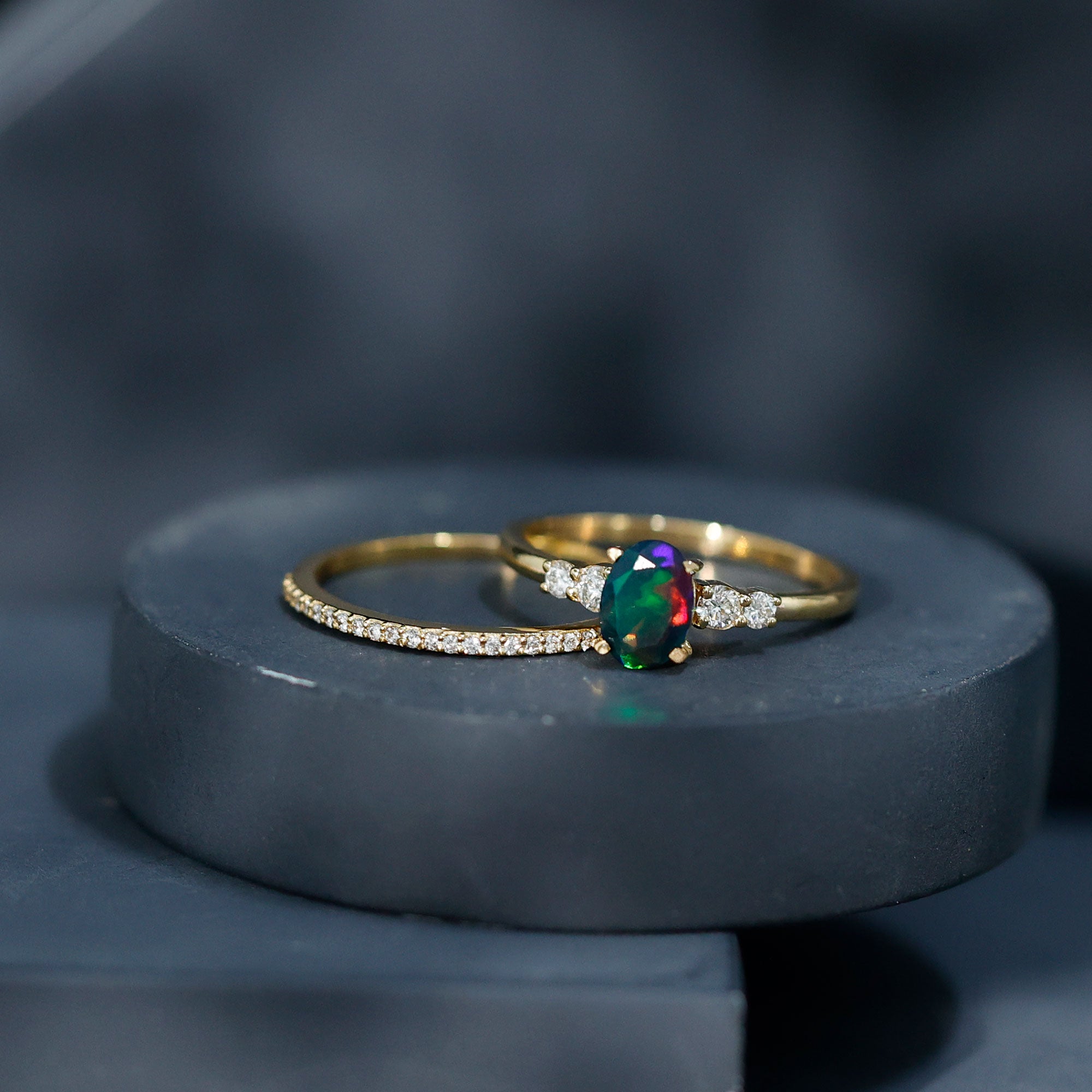 0.9 Carat Black Opal and Diamond Oval Wedding Ring Set