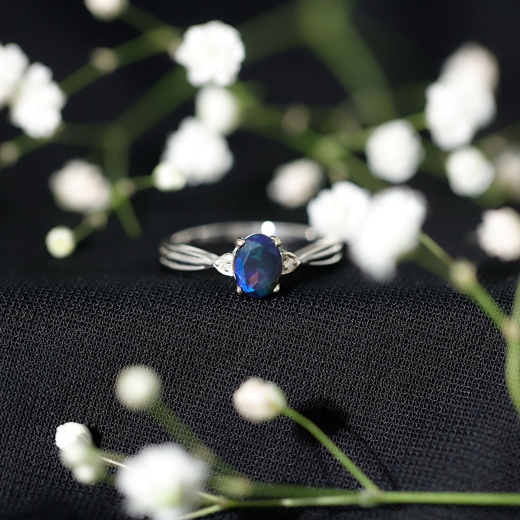 Oval Cut Natural Black Opal Designer Ring with Diamond