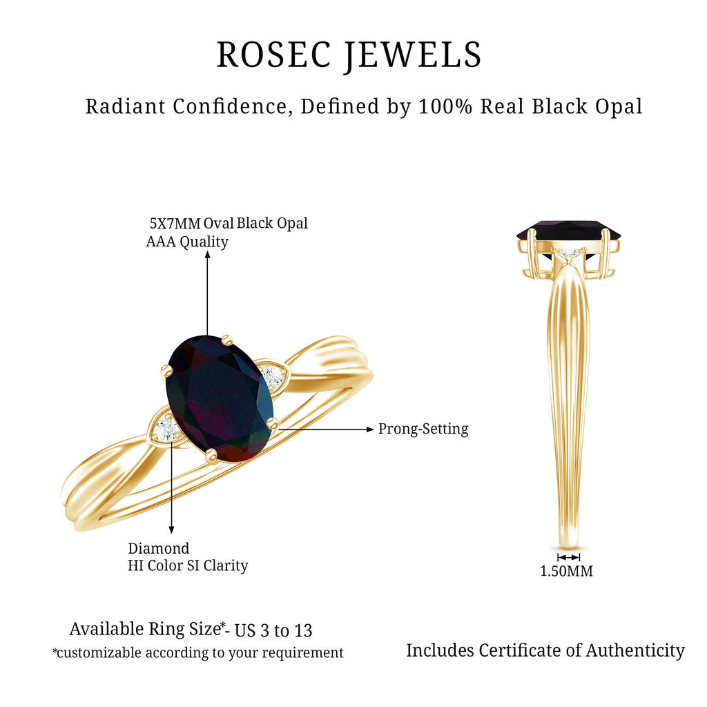 Oval Cut Natural Black Opal Designer Ring with Diamond