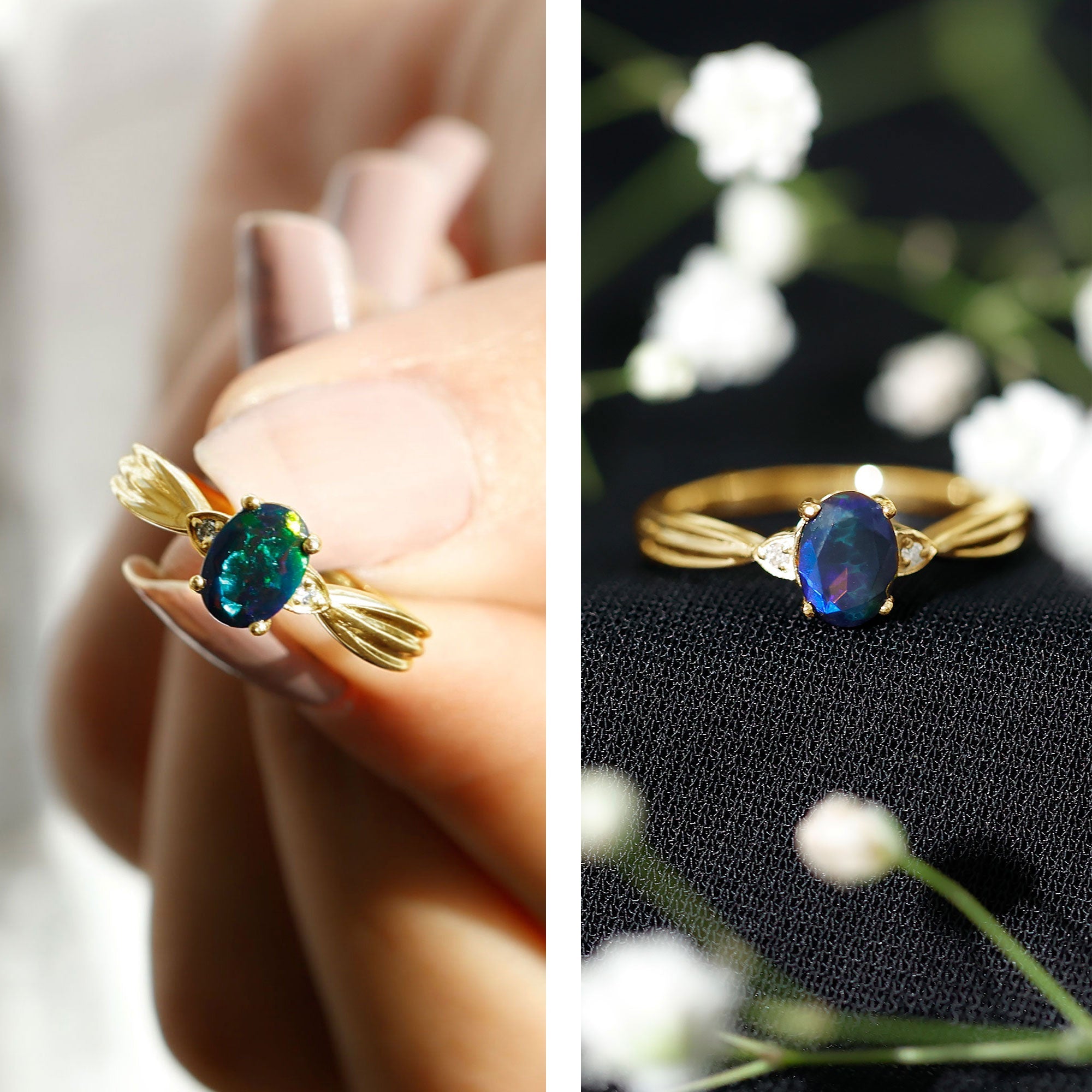 Oval Cut Natural Black Opal Designer Ring with Diamond