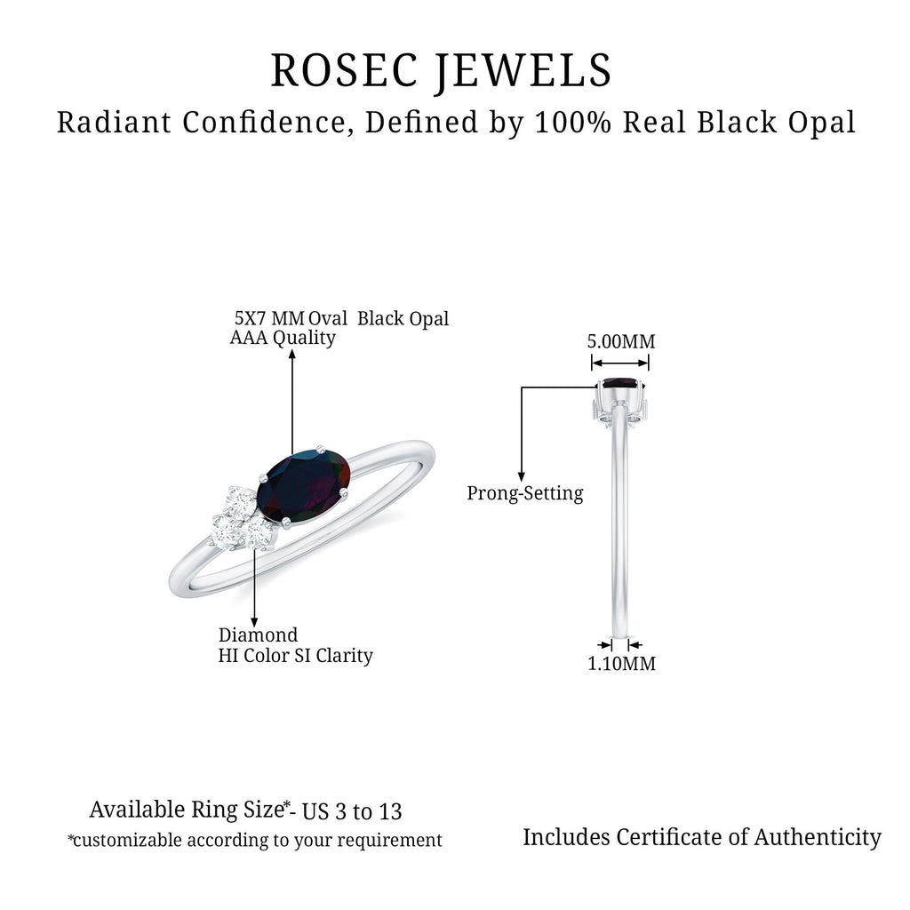 Oval Black Opal East West Ring with Diamond Trio