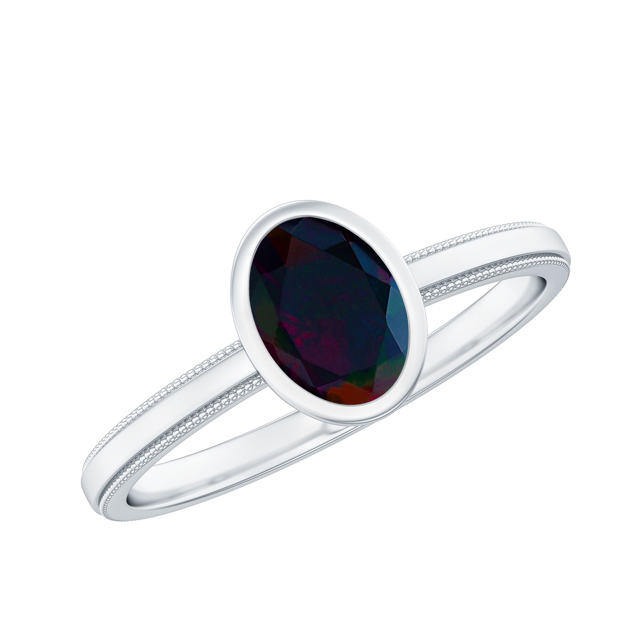 Oval Cut 0.9 Carat Black Opal Bezel Set Engagement Ring