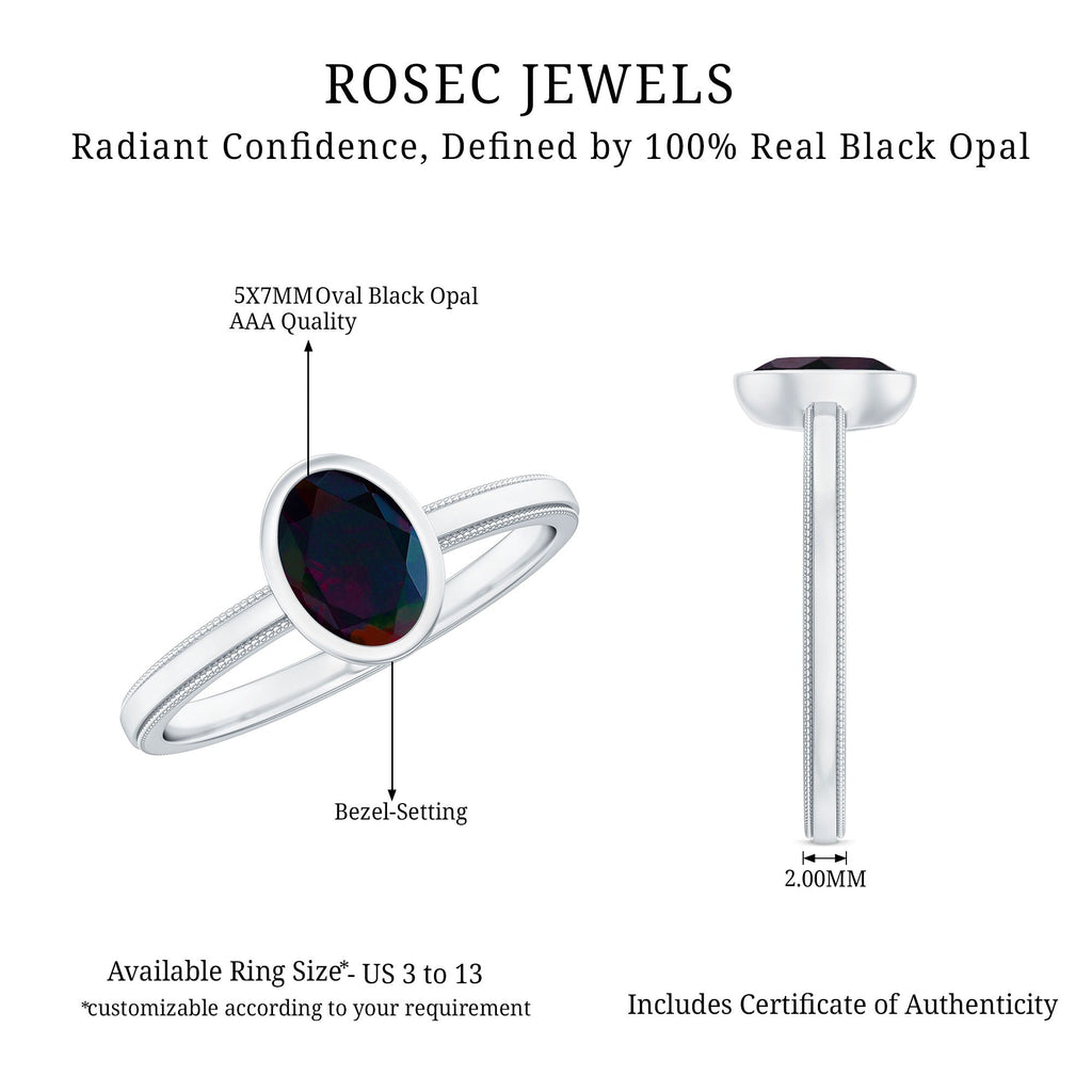 Oval Cut 0.9 Carat Black Opal Bezel Set Engagement Ring