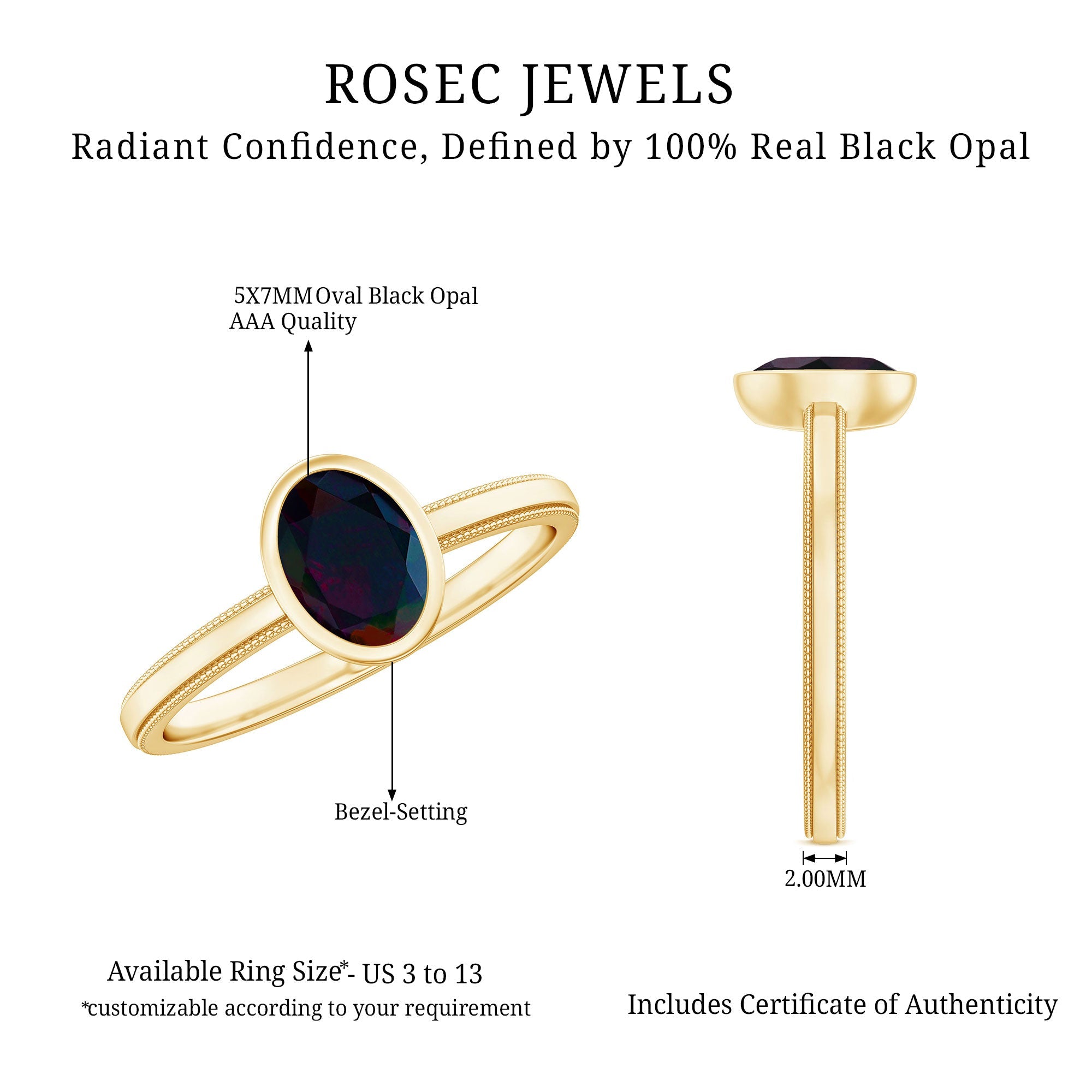 Oval Cut 0.9 Carat Black Opal Bezel Set Engagement Ring