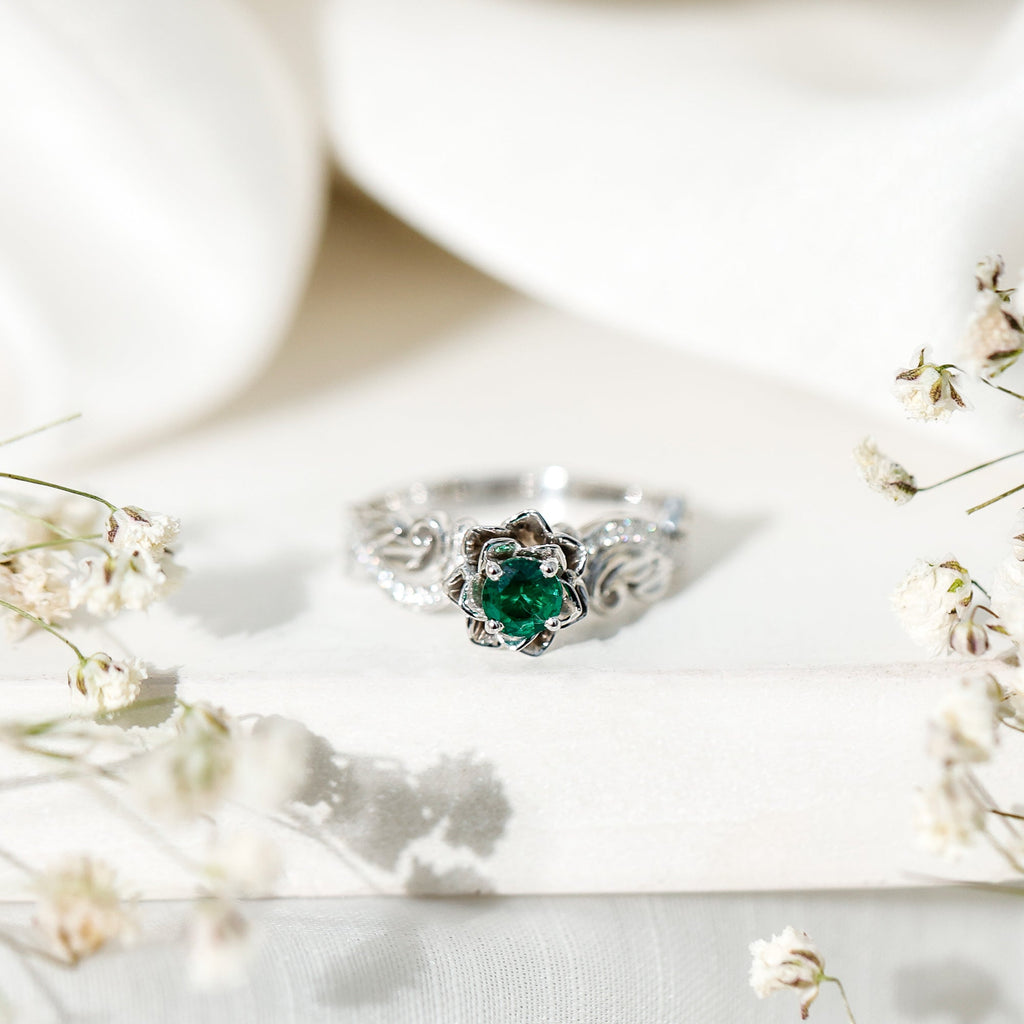 Lab Grown Emerald Diamond Flower Engagement Ring with Certificate