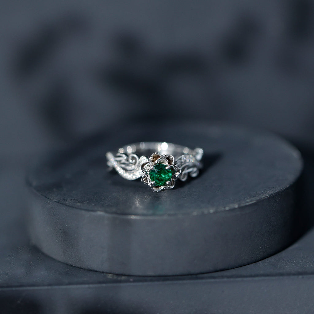 Lab Grown Emerald Diamond Flower Engagement Ring with Certificate