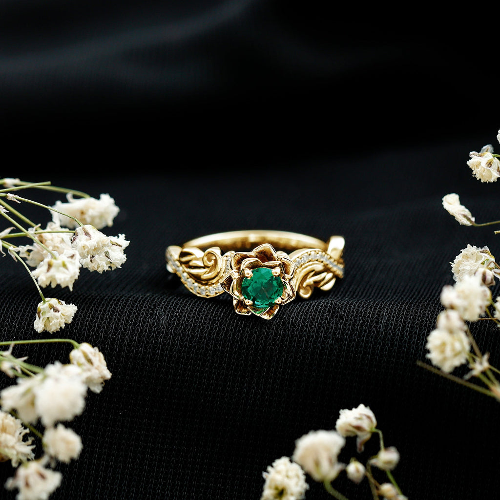 Lab Grown Emerald Diamond Flower Engagement Ring with Certificate