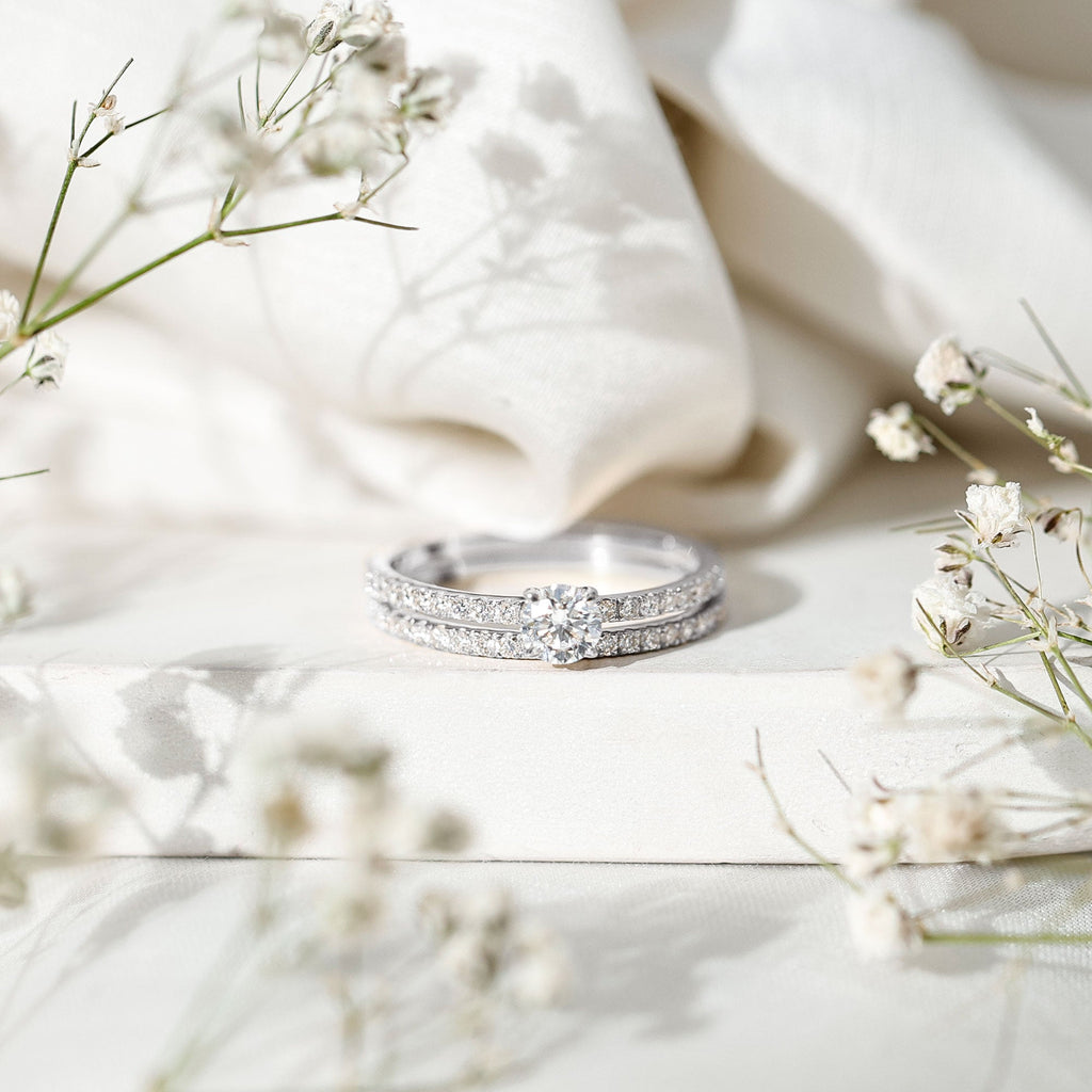 Round Cut Moissanite Engagement Ring with Eternity Band