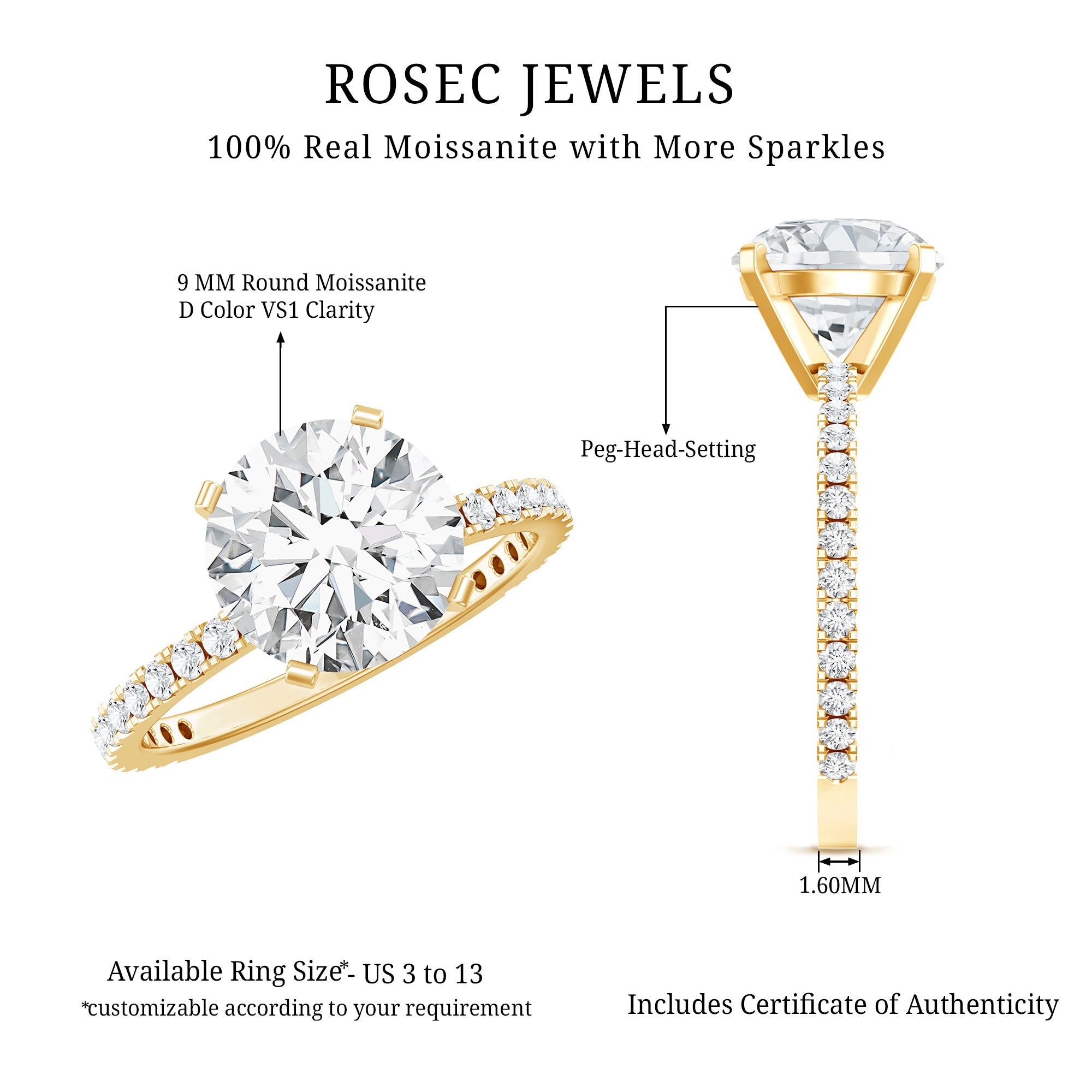 Certified Round Moissanite 3 CT Engagement Ring with Side Stones