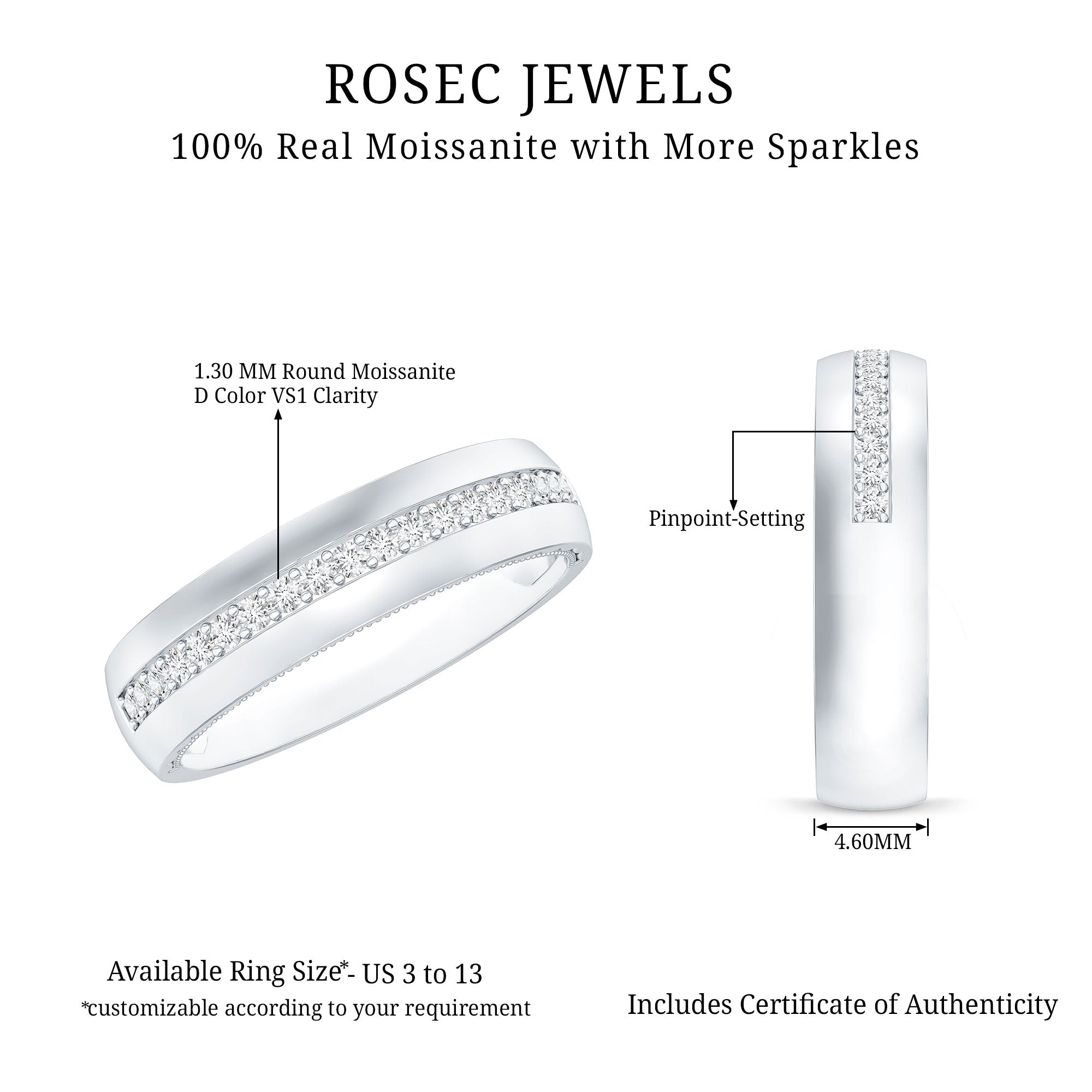 Certified Moissanite Classic Wedding Band Ring